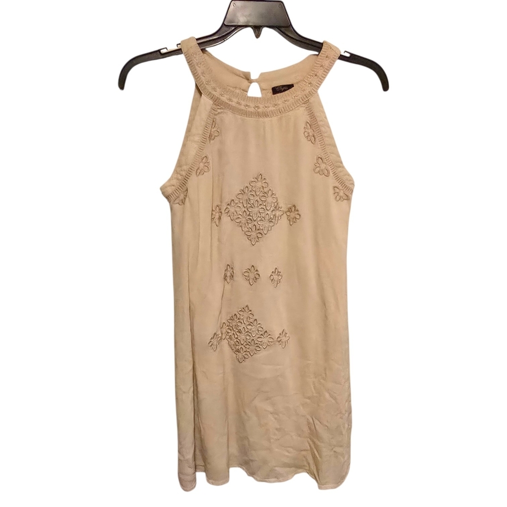 Cupio Boho Embroidered Halter Mini Dress Beige Tan Size M Viscose Cotton